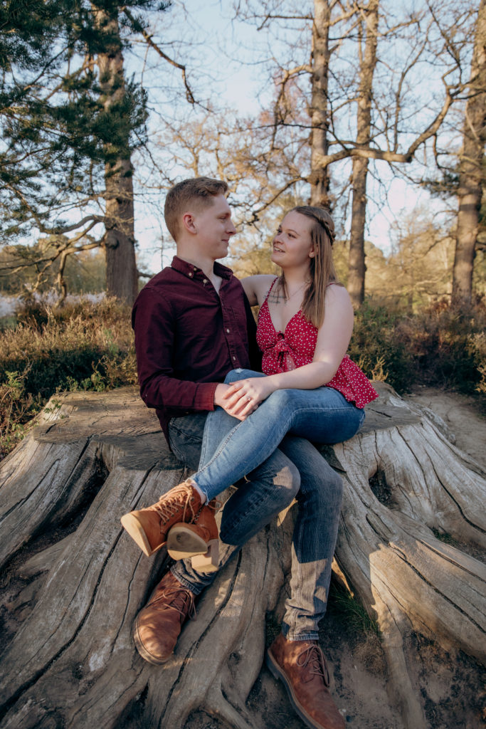 Toby and Jemma sat on a tree stump in the sun during their engagement shoot