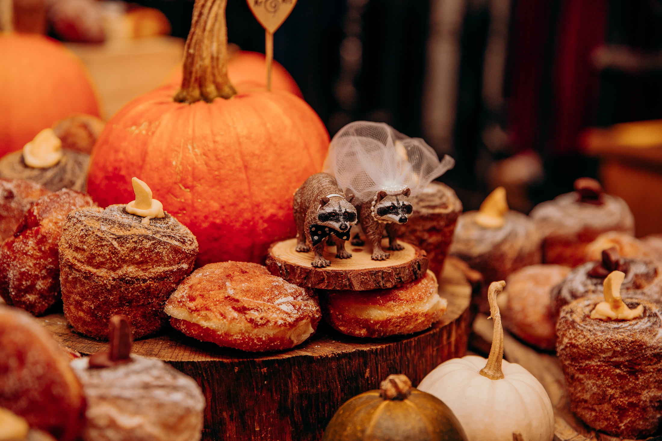 Two raccoon cake toppers, one with a veil and one with a bowtie, is amongst a stack of cronuts and pumpkins