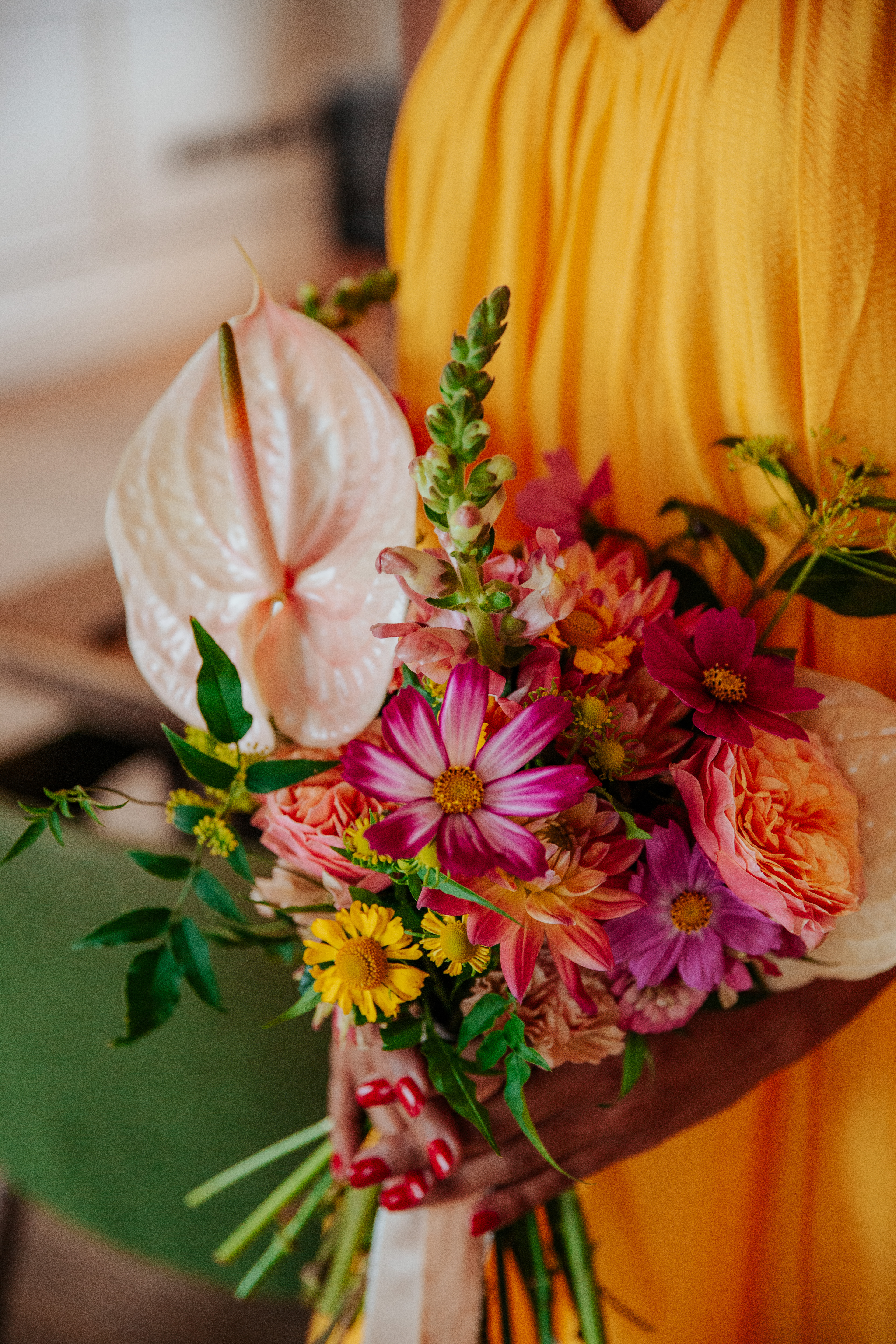 A close up shot of Meera's tropical bouquet, perfect for a London microwedding