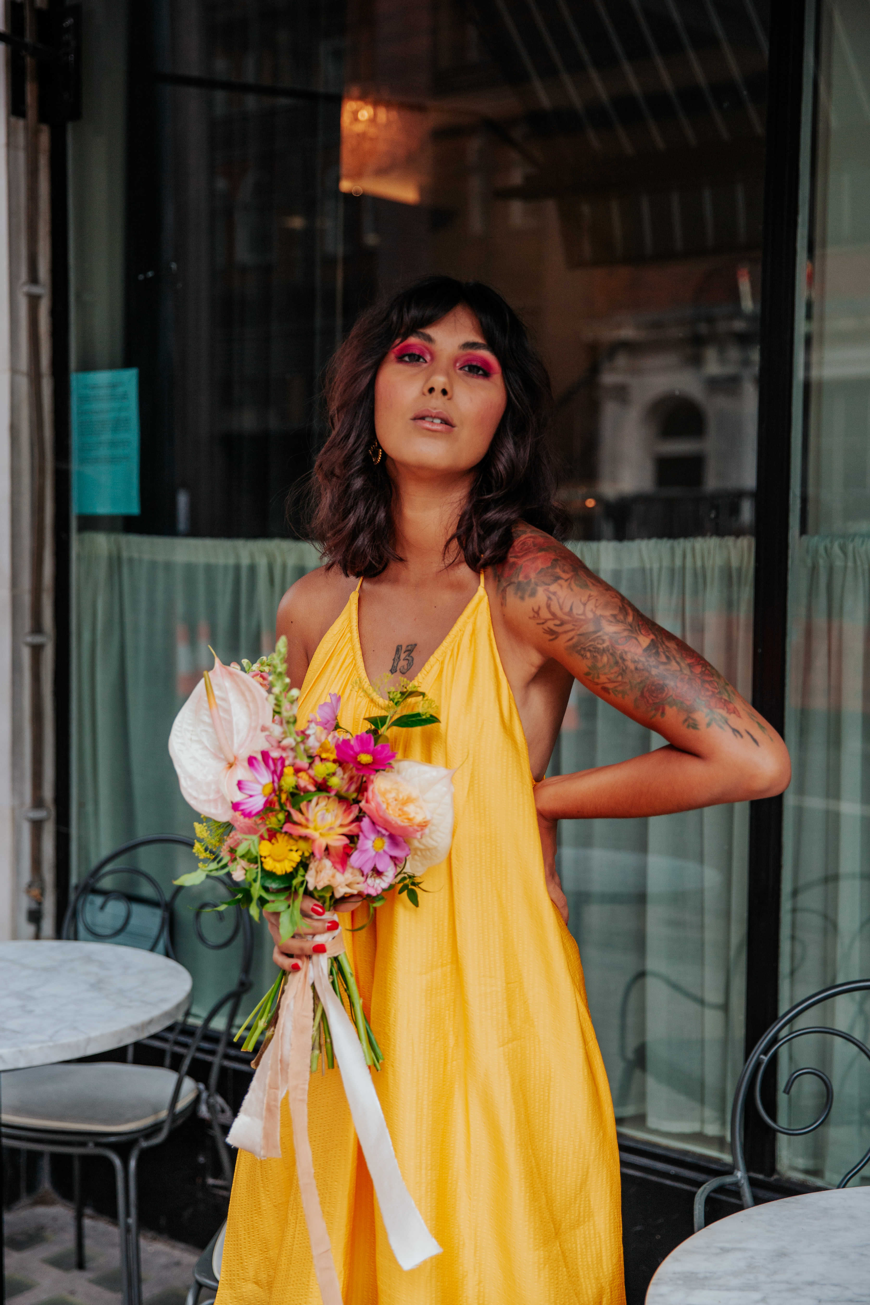 Meera on the street outside Mortimer House, the venue of her London microwedding