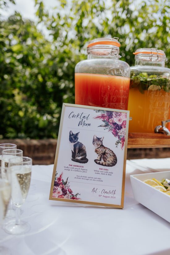 A cocktail menu with cat themed cocktails and illustrations