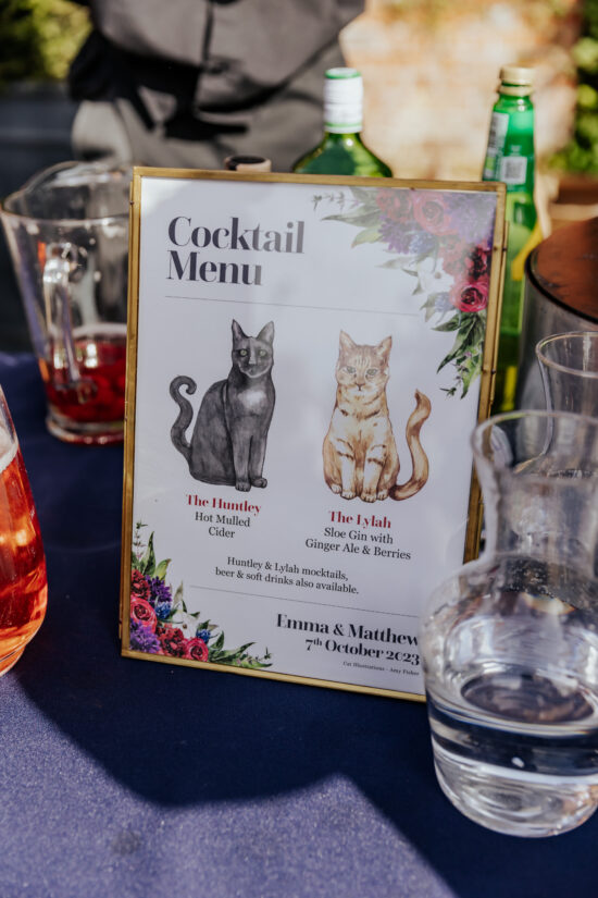 A cocktail menu with cat themed cocktails and illustrations