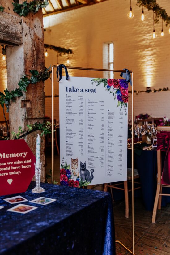 A wedding seating chart with illustrations of the couples' cats in the corner