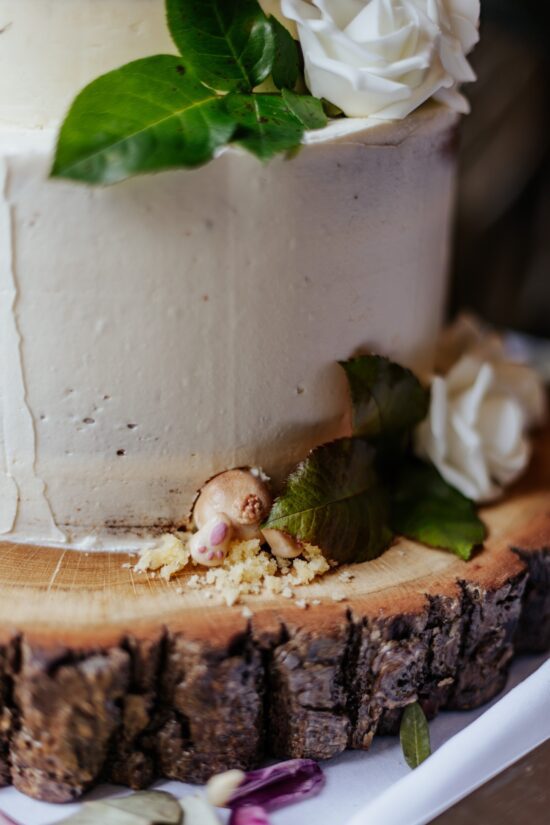 A close up of a wedding cake with a fondant model of a bunny burrowing at the bottom