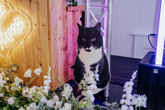 A cardboard cutout of a black and white cat next to a DJ booth