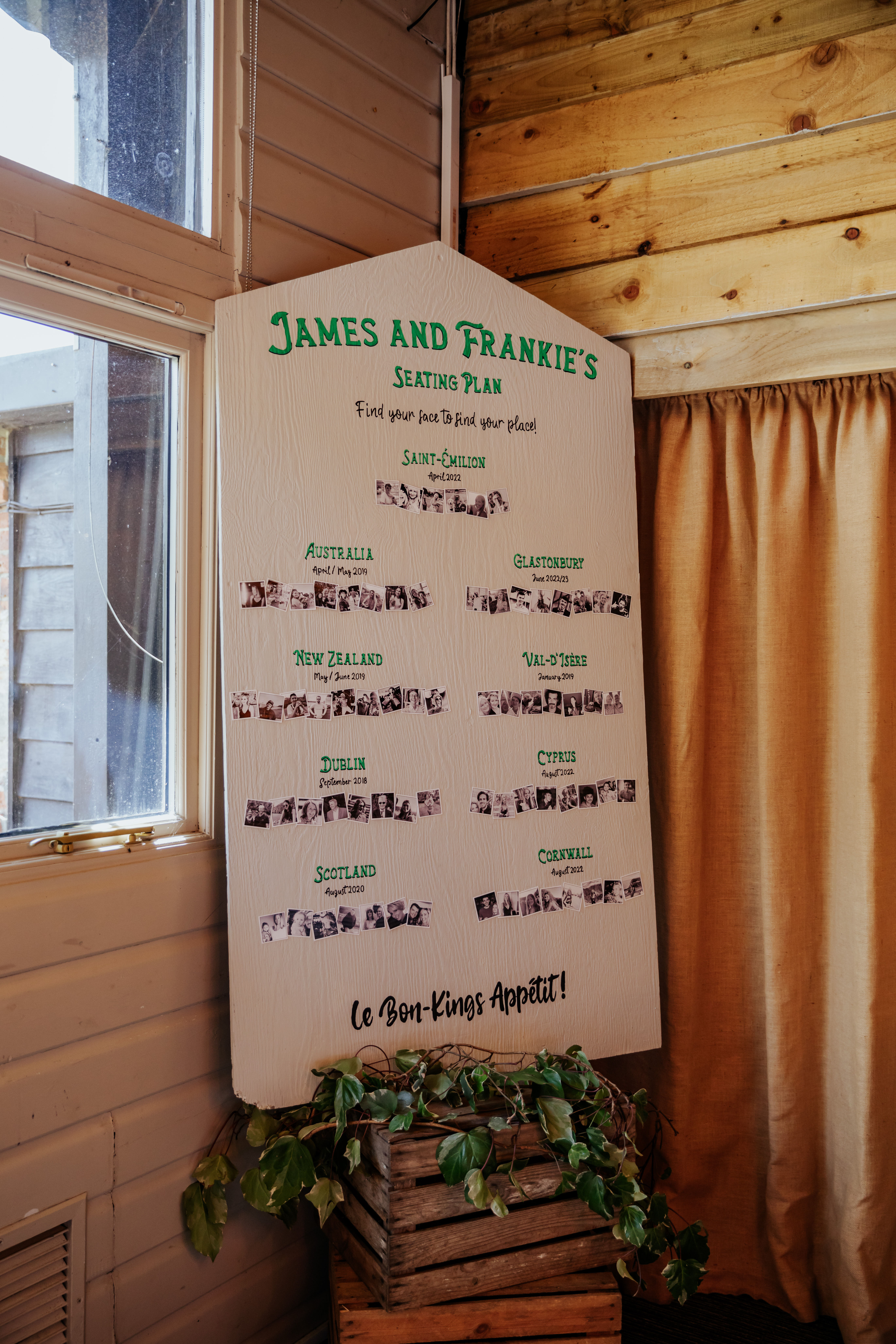 A pub-style seating plan with photos of all the guests