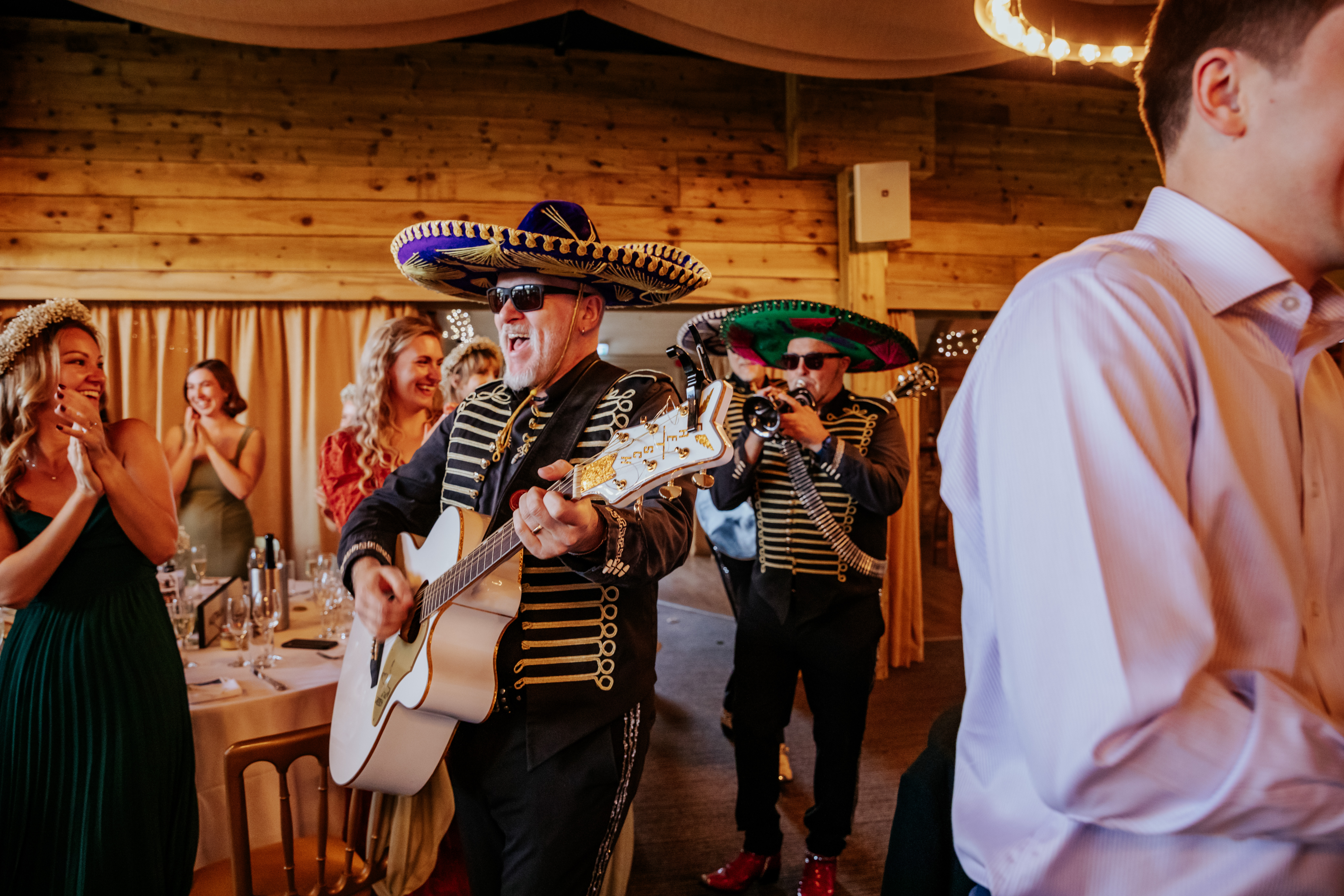 A mariachi band makes a surprise entrance into the wedding breakfast at Wellington Barn
