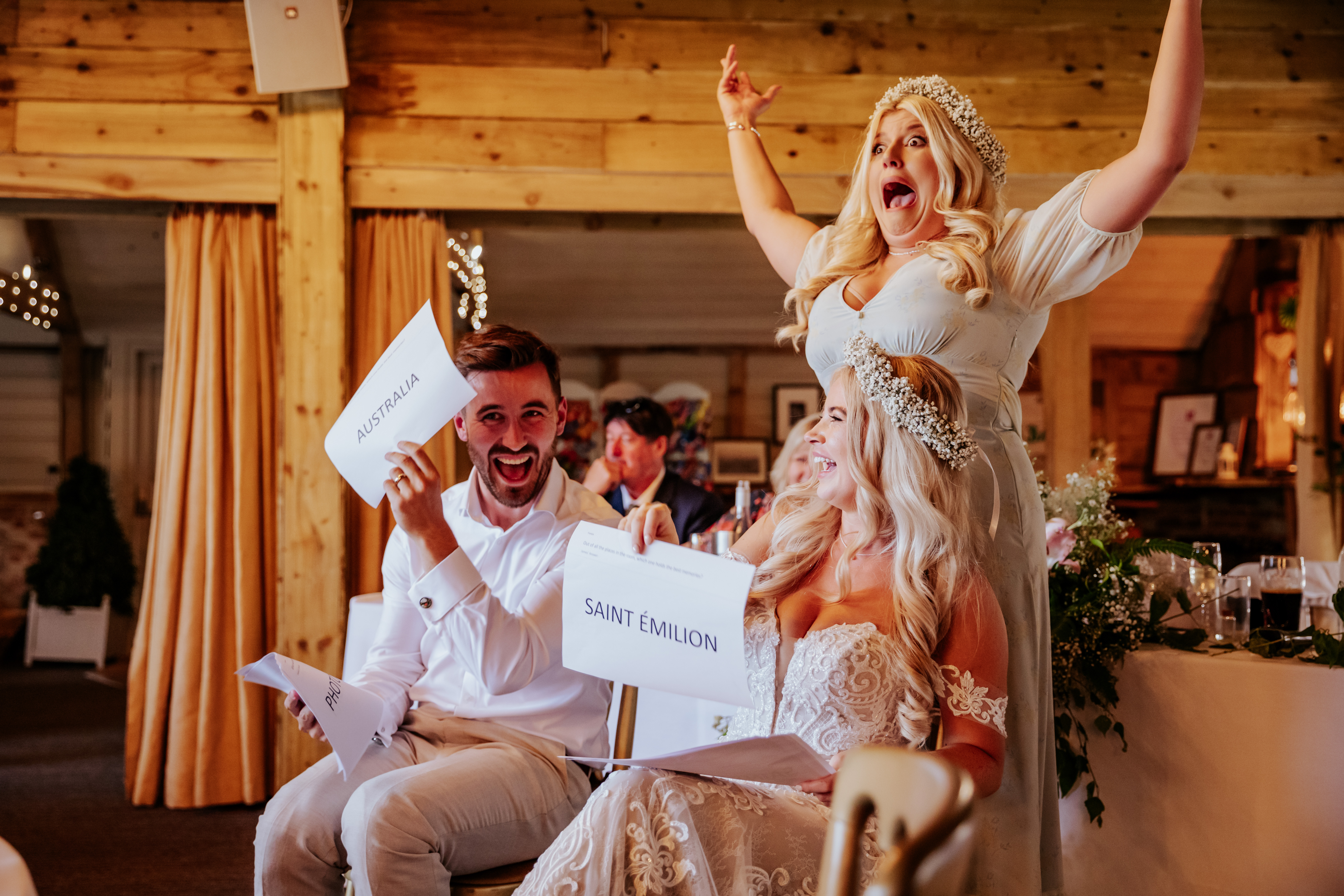 The bride and groom have different answers during a game, and a bridesmaid is shocked